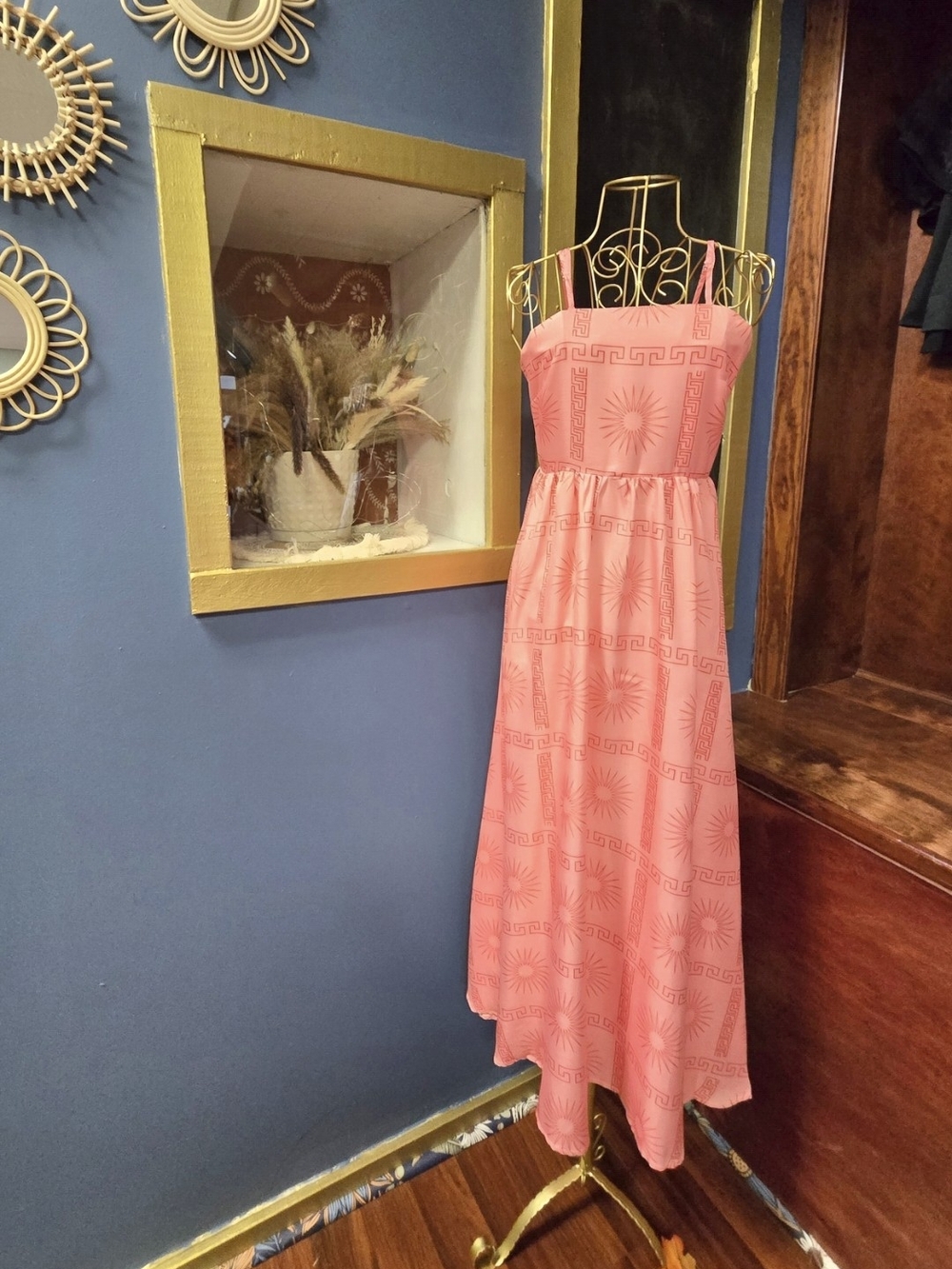 Coral Pink Sunburst-Print Maxi Dress with Adjustable Straps NWOT